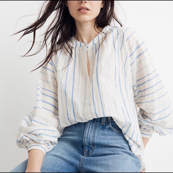 Madewell Tops - Madewell Peasant Top in Stripe Cream Blue Cotton L